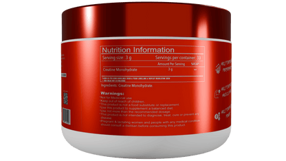 Micronised Creatine Monohydrate tub with nutrition facts for athletes. Buy creatine monohydrate with shaker.