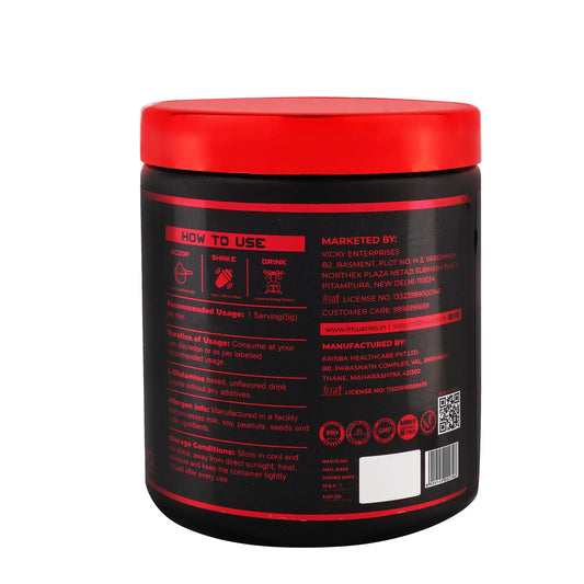 iMuscles Nutrition banner for Gluta Pro, a high-strength 100% L-Glutamine powder. The image shows a hand holding a 250g black and red tub against a dark textured background. Text highlights muscle recovery, immunity support, and gut health benefits.