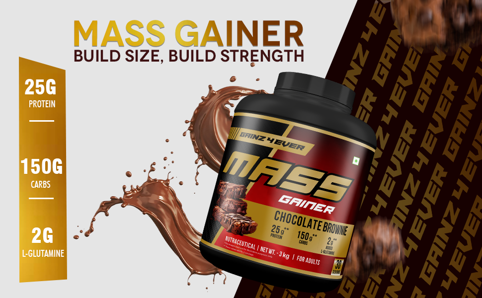 Gainz 4 Ever Mass Gainer — Chocolate Brownie | 25g Protein | 150g Carbs | 30 Servings | 3kg
