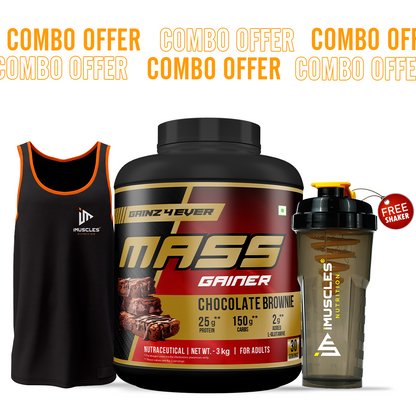 GAINZ4EVER Mass Gainer (Chocolate Brownie) Combo – with FREE iMuscles Shaker & Gym Vest