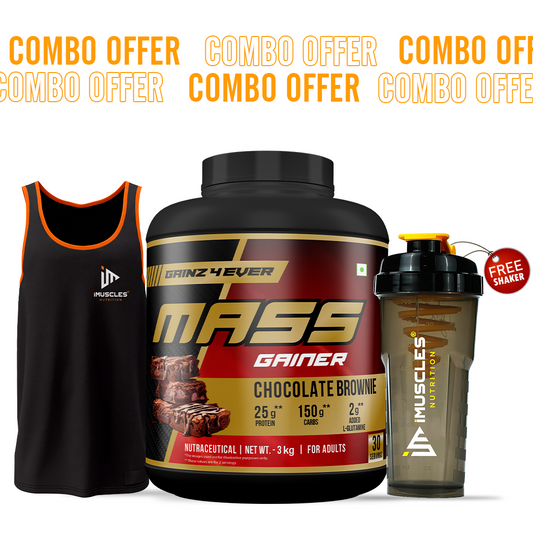 GAINZ4EVER Mass Gainer (Chocolate Brownie) Combo – with FREE iMuscles Shaker & Gym Vest