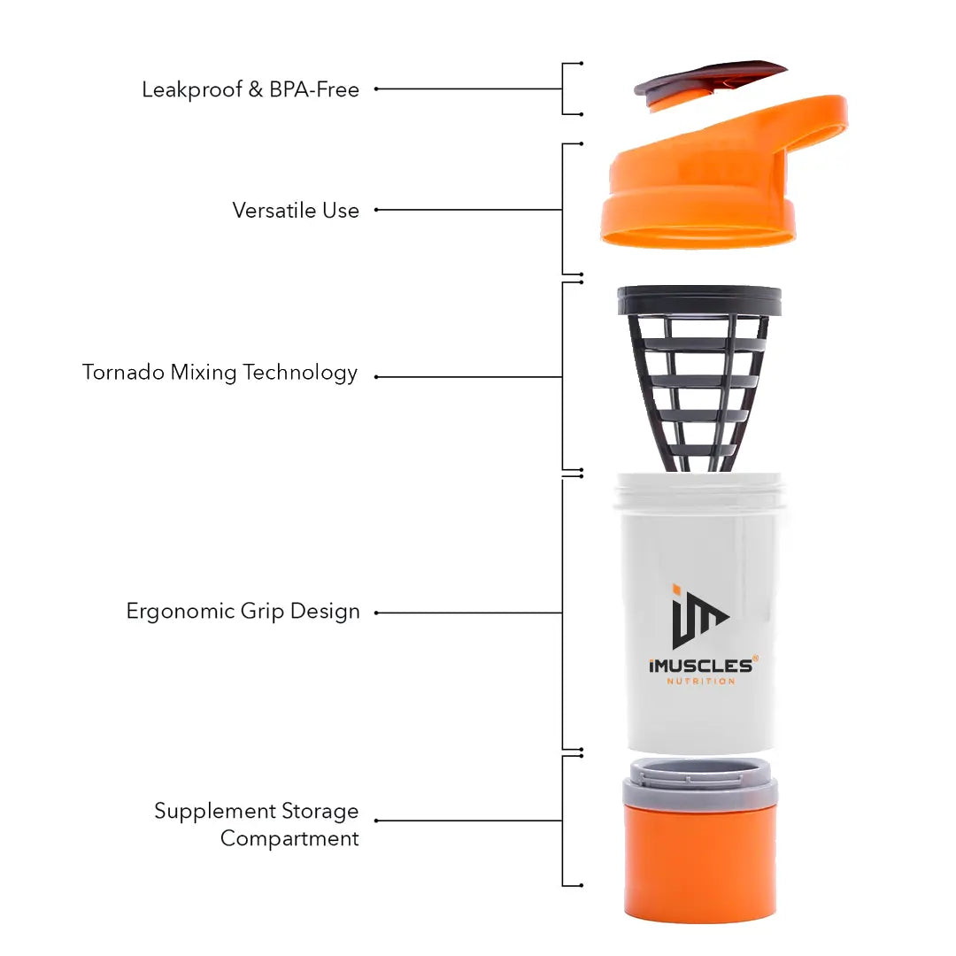 An infographic titled "FEATURES" for the iMuscles Nutrition spider shaker, referenced as yellow 3.png. It shows an exploded view of the product's components: a leak-proof lid and cap, a tornado blender insert, a 600 ml jar, and a compartment for storage. Icons on the right side highlight that the shaker is BPA-free, easy to clean, a recyclable product, leakproof, and freezer safe.