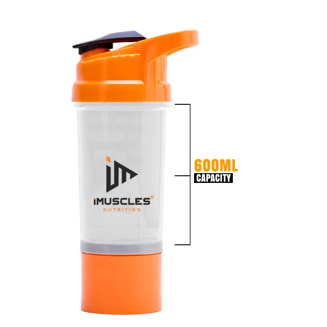 An infographic titled "FEATURES" for the iMuscles Nutrition spider shaker, referenced as yellow 3.png. It shows an exploded view of the product's components: a leak-proof lid and cap, a tornado blender insert, a 600 ml jar, and a compartment for storage. Icons on the right side highlight that the shaker is BPA-free, easy to clean, a recyclable product, leakproof, and freezer safe.