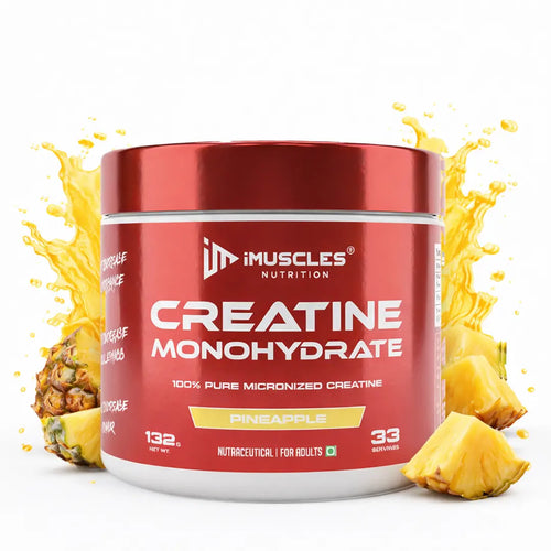 iMuscles Nutrition banner for High Potency 100% Pure Creatine Monohydrate. A hand holds a 249g white and red jar against a dark red background. Text highlights 83 servings, 3g per serving, and its formula for better muscle performance.