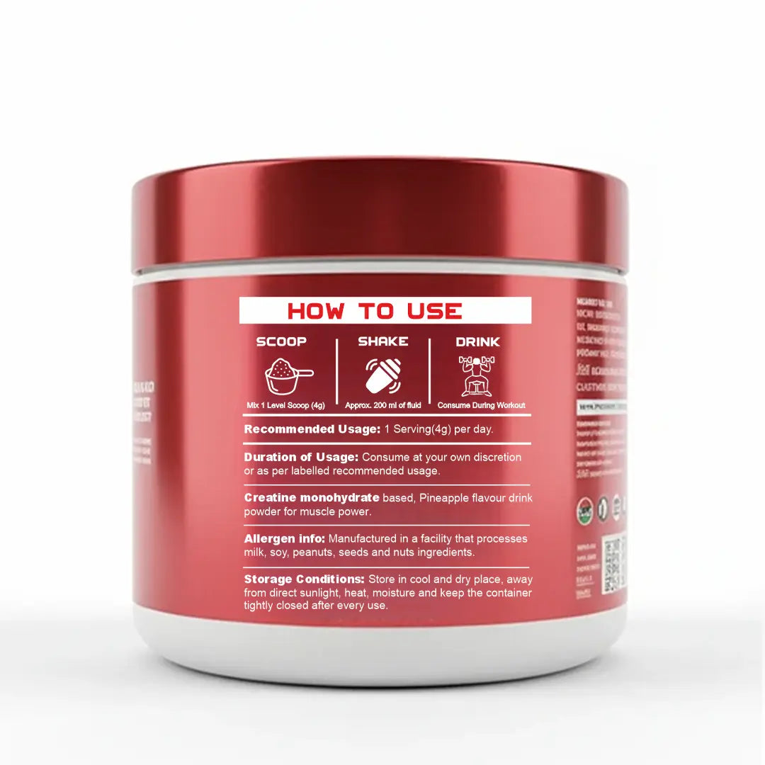 iMuscles Nutrition banner for High Potency 100% Pure Creatine Monohydrate. A hand holds a 249g white and red jar against a dark red background. Text highlights 83 servings, 3g per serving, and its formula for better muscle performance.