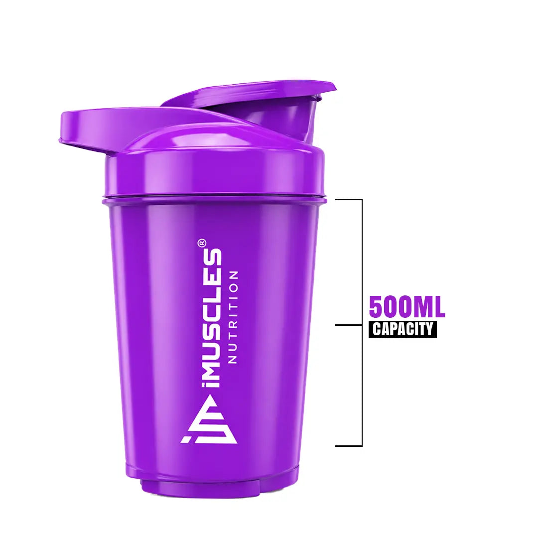 A promotional banner for the iMuscles Nutrition green shaker bottle. On the left, bold dark green text on a light green background reads "SHAKE UP SUCCEED" and "YOUR FITNESS GAME CHANGER". The right side features a 500 ml lime green shaker bottle and a matching green mixing ball, labeled with "VERSATILITY" and "500 ML