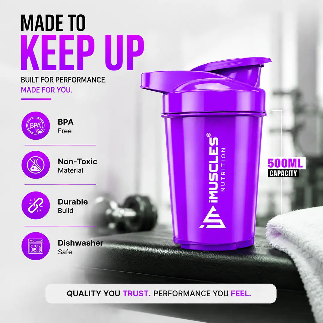 In "black 1.jpg", a 500ml iMuscles Nutrition shaker bottle is presented as a high-performance fitness accessory. The image highlights its durable build, non-toxic and BPA-free material, and dishwasher-safe convenience, emphasizing a reliable, premium product designed to support an active, health-conscious lifestyle during workouts and daily activities.