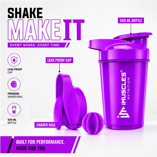 In "black 2.jpg", a black 500ml iMuscles Nutrition shaker bottle is displayed alongside its leak-proof cap and mixing ball. The design emphasizes performance and durability, featuring clean branding and highlighting the key components required for a smooth, lump-free protein shake in an professional, minimalist studio product shot.