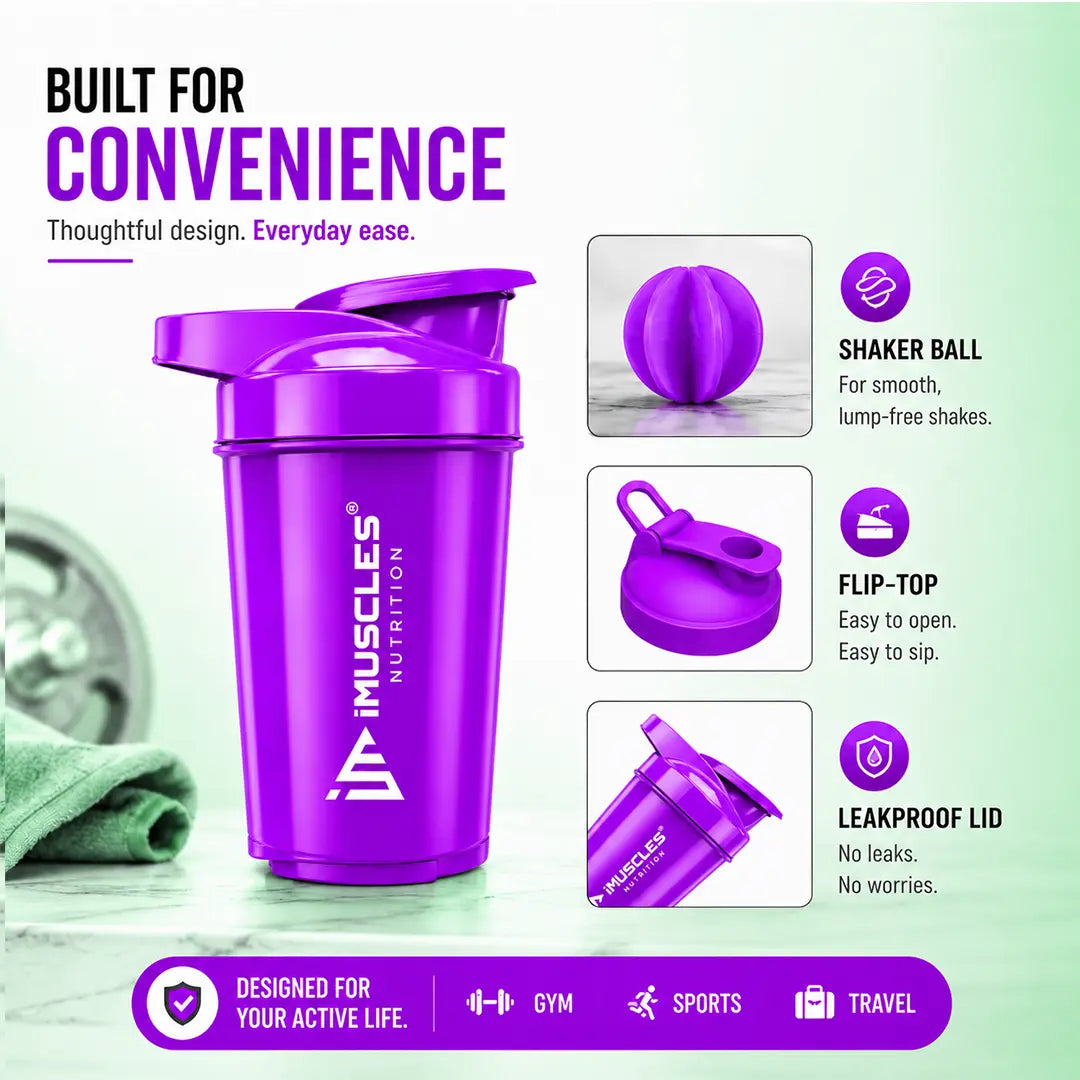 In "black 3.jpg", a black iMuscles Nutrition shaker bottle is showcased alongside close-ups of its shaker ball, flip-top lid, and leakproof design. The image highlights its convenience for gym, sports, and travel, emphasizing a durable, functional, and user-friendly design for active lifestyles in a professional, clean product presentation.