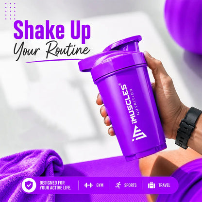 In "black 4.jpg", a hand holds a sleek black iMuscles Nutrition shaker bottle, promoting it as a tool to "Shake Up Your Routine." The image conveys a modern, energetic, and powerful branding theme, emphasizing its role as a premium, high-performance accessory designed for fitness and active lifestyle branding.