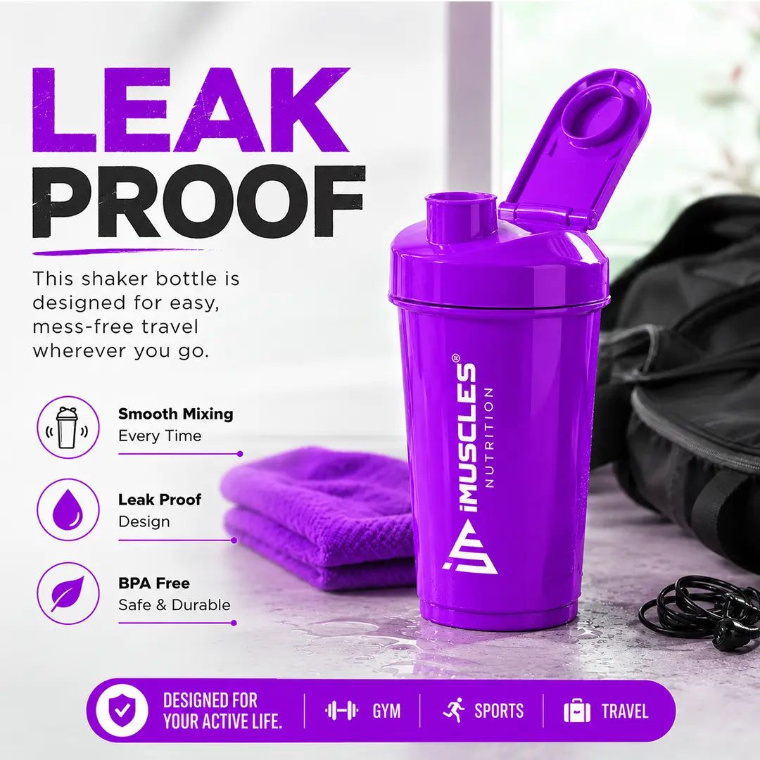 In "black 5.jpg", a black iMuscles Nutrition shaker bottle is featured with its lid open, set against a gym bag and towel. The design highlights its leakproof, BPA-free, and smooth mixing capabilities, positioning it as a durable, mess-free, and essential accessory for travel and active fitness lifestyles.