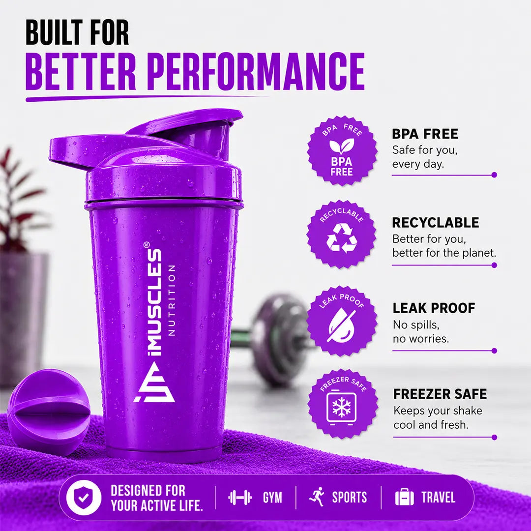 In "black 1.jpg", a 500ml iMuscles Nutrition shaker bottle is presented as a high-performance fitness accessory. The image highlights its durable build, non-toxic and BPA-free material, and dishwasher-safe convenience, emphasizing a reliable, premium product designed to support an active, health-conscious lifestyle during workouts and daily activities.