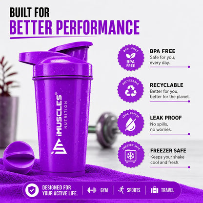 In "black 1.jpg", a 500ml iMuscles Nutrition shaker bottle is presented as a high-performance fitness accessory. The image highlights its durable build, non-toxic and BPA-free material, and dishwasher-safe convenience, emphasizing a reliable, premium product designed to support an active, health-conscious lifestyle during workouts and daily activities.