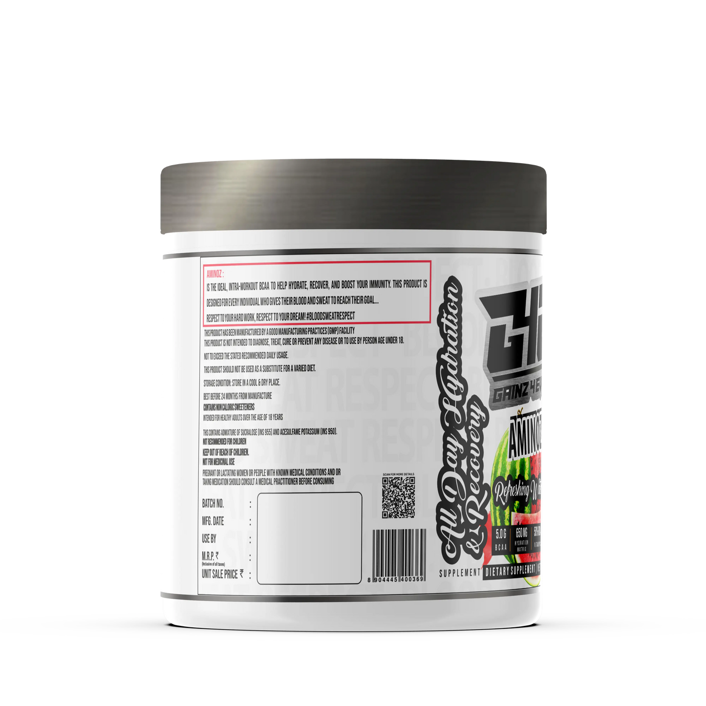 A promotional graphic for GAINZ 4 EVER AMINOZ Refreshing Watermelon Intra & Post Workout Supplement. The white 270g jar features a watermelon illustration and lists key ingredients including L-Leucine, L-Isoleucine, L-Valine, and L-Citrulline. It highlights 5.0g BCAA, 650mg Hydration Matrix, and 50% RDA Vitamin C per serving.