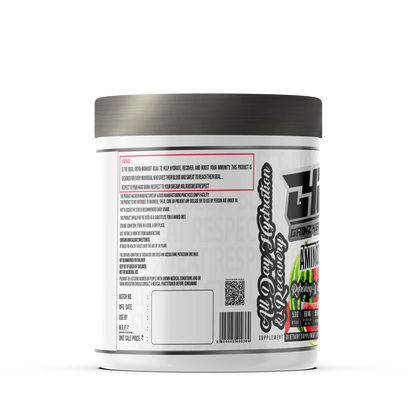 A promotional graphic for GAINZ 4 EVER AMINOZ Refreshing Watermelon Intra & Post Workout Supplement. The white 270g jar features a watermelon illustration and lists key ingredients including L-Leucine, L-Isoleucine, L-Valine, and L-Citrulline. It highlights 5.0g BCAA, 650mg Hydration Matrix, and 50% RDA Vitamin C per serving.