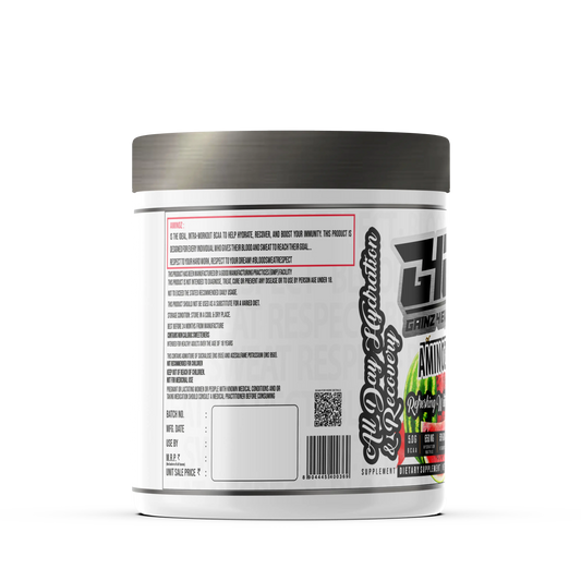 A promotional graphic for GAINZ 4 EVER AMINOZ Refreshing Watermelon Intra & Post Workout Supplement. The white 270g jar features a watermelon illustration and lists key ingredients including L-Leucine, L-Isoleucine, L-Valine, and L-Citrulline. It highlights 5.0g BCAA, 650mg Hydration Matrix, and 50% RDA Vitamin C per serving.