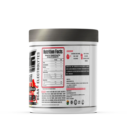 A promotional graphic for GAINZ 4 EVER AMINOZ Refreshing Watermelon Intra & Post Workout Supplement. The white 270g jar features a watermelon illustration and lists key ingredients including L-Leucine, L-Isoleucine, L-Valine, and L-Citrulline. It highlights 5.0g BCAA, 650mg Hydration Matrix, and 50% RDA Vitamin C per serving.
