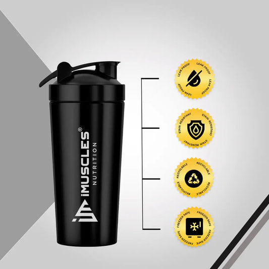A detailed product infographic for the iMuscles Nutrition stainless steel shaker, referenced as black 4.jpg. The left side highlights key features such as being odor-free, easy to clean, recyclable, leak-proof, freezer safe, and made of stainless steel, with a central note that the logo is "ENGRAVED NOT PRINTED". The right side features an exploded view of the 739ml jar, showing the leak-proof lid, leak-proof cap, and the included whisk ball.