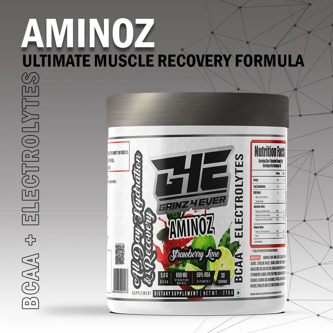 A promotional graphic for GAINZ 4 EVER AMINOZ Strawberry Lime Intra & Post Workout Supplement. The white 270g jar is featured prominently, highlighting its scientifically formulated ingredients: L-Leucine, L-Isoleucine, L-Valine, and L-Citrulline. Key benefits include 5.0g BCAA, 650mg Hydration Matrix, and 50% RDA Vitamin C per serving.