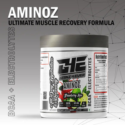 A promotional graphic for GAINZ 4 EVER AMINOZ Strawberry Lime Intra & Post Workout Supplement. The white 270g jar is featured prominently, highlighting its scientifically formulated ingredients: L-Leucine, L-Isoleucine, L-Valine, and L-Citrulline. Key benefits include 5.0g BCAA, 650mg Hydration Matrix, and 50% RDA Vitamin C per serving.