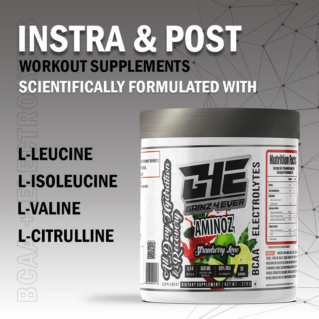 A promotional graphic for GAINZ 4 EVER AMINOZ Strawberry Lime Intra & Post Workout Supplement. The white 270g jar is featured prominently, highlighting its scientifically formulated ingredients: L-Leucine, L-Isoleucine, L-Valine, and L-Citrulline. Key benefits include 5.0g BCAA, 650mg Hydration Matrix, and 50% RDA Vitamin C per serving.
