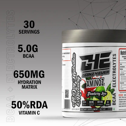 A promotional graphic for GAINZ 4 EVER AMINOZ Strawberry Lime Intra & Post Workout Supplement. The white 270g jar is featured prominently, highlighting its scientifically formulated ingredients: L-Leucine, L-Isoleucine, L-Valine, and L-Citrulline. Key benefits include 5.0g BCAA, 650mg Hydration Matrix, and 50% RDA Vitamin C per serving.