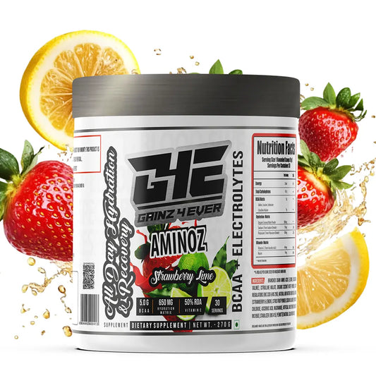 A promotional graphic for GAINZ 4 EVER AMINOZ Strawberry Lime Intra & Post Workout Supplement. The white 270g jar is featured prominently, highlighting its scientifically formulated ingredients: L-Leucine, L-Isoleucine, L-Valine, and L-Citrulline. Key benefits include 5.0g BCAA, 650mg Hydration Matrix, and 50% RDA Vitamin C per serving.