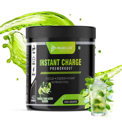 iMuscles Nutrition Instant Charge Pre-Workout supplement jar in Tropical Twist Mojito flavour with mint leaves, lime slices, and splash visuals, designed to boost energy, focus, and muscle pump performance.