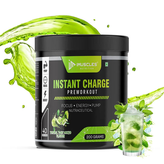 iMuscles Nutrition Instant Charge Pre-Workout supplement jar in Tropical Twist Mojito flavour with mint leaves, lime slices, and splash visuals, designed to boost energy, focus, and muscle pump performance.