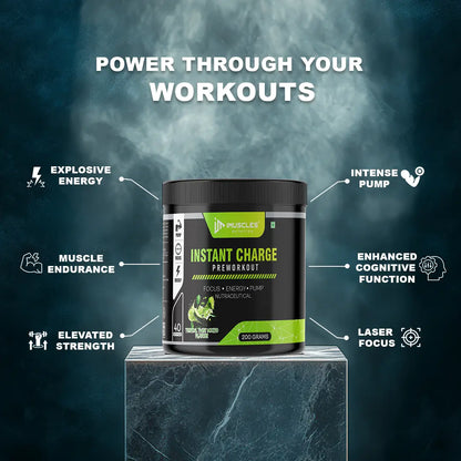iMuscles Nutrition Instant Charge Pre-Workout supplement jar in Tropical Twist Mojito flavour with mint leaves, lime slices, and splash visuals, designed to boost energy, focus, and muscle pump performance.