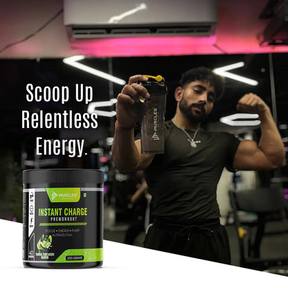 iMuscles Nutrition Instant Charge Pre-Workout supplement jar in Tropical Twist Mojito flavour with mint leaves, lime slices, and splash visuals, designed to boost energy, focus, and muscle pump performance.