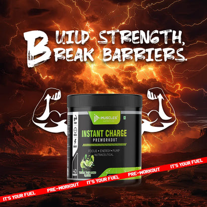 iMuscles Nutrition Instant Charge Pre-Workout supplement jar in Tropical Twist Mojito flavour with mint leaves, lime slices, and splash visuals, designed to boost energy, focus, and muscle pump performance.