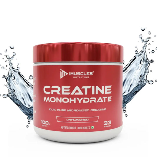 iMuscles Nutrition banner for High Potency 100% Pure Creatine Monohydrate. A hand holds a 249g white and red jar against a dark red background. Text highlights 83 servings, 3g per serving, and its formula for better muscle performance.