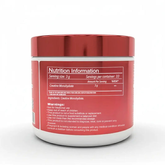 iMuscles Nutrition banner for High Potency 100% Pure Creatine Monohydrate. A hand holds a 249g white and red jar against a dark red background. Text highlights 83 servings, 3g per serving, and its formula for better muscle performance.