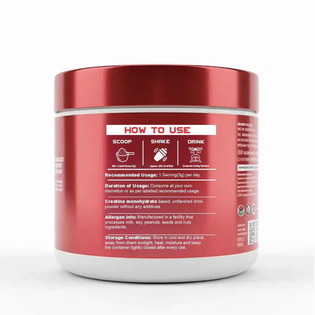iMuscles Nutrition banner for High Potency 100% Pure Creatine Monohydrate. A hand holds a 249g white and red jar against a dark red background. Text highlights 83 servings, 3g per serving, and its formula for better muscle performance.