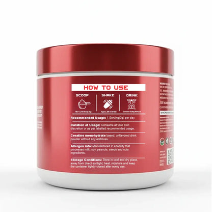 iMuscles Nutrition banner for High Potency 100% Pure Creatine Monohydrate. A hand holds a 249g white and red jar against a dark red background. Text highlights 83 servings, 3g per serving, and its formula for better muscle performance.