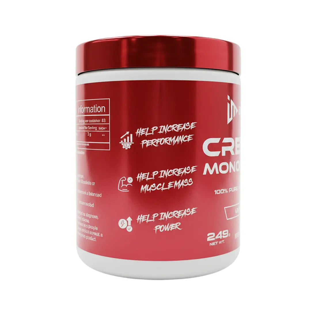 iMuscles Nutrition banner for High Potency 100% Pure Creatine Monohydrate. A hand holds a 249g white and red jar against a dark red background. Text highlights 83 servings, 3g per serving, and its formula for better muscle performance.