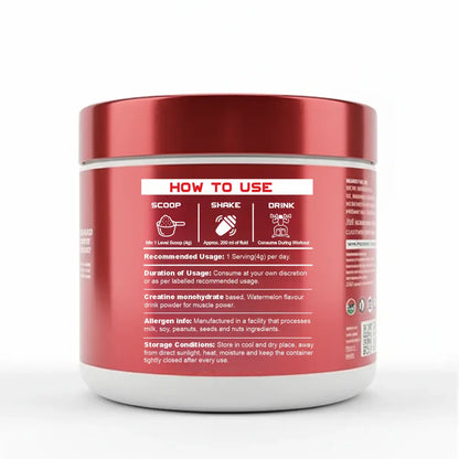 iMuscles Nutrition banner for High Potency 100% Pure Creatine Monohydrate. A hand holds a 249g white and red jar against a dark red background. Text highlights 83 servings, 4g per serving, and its formula for better muscle performance.