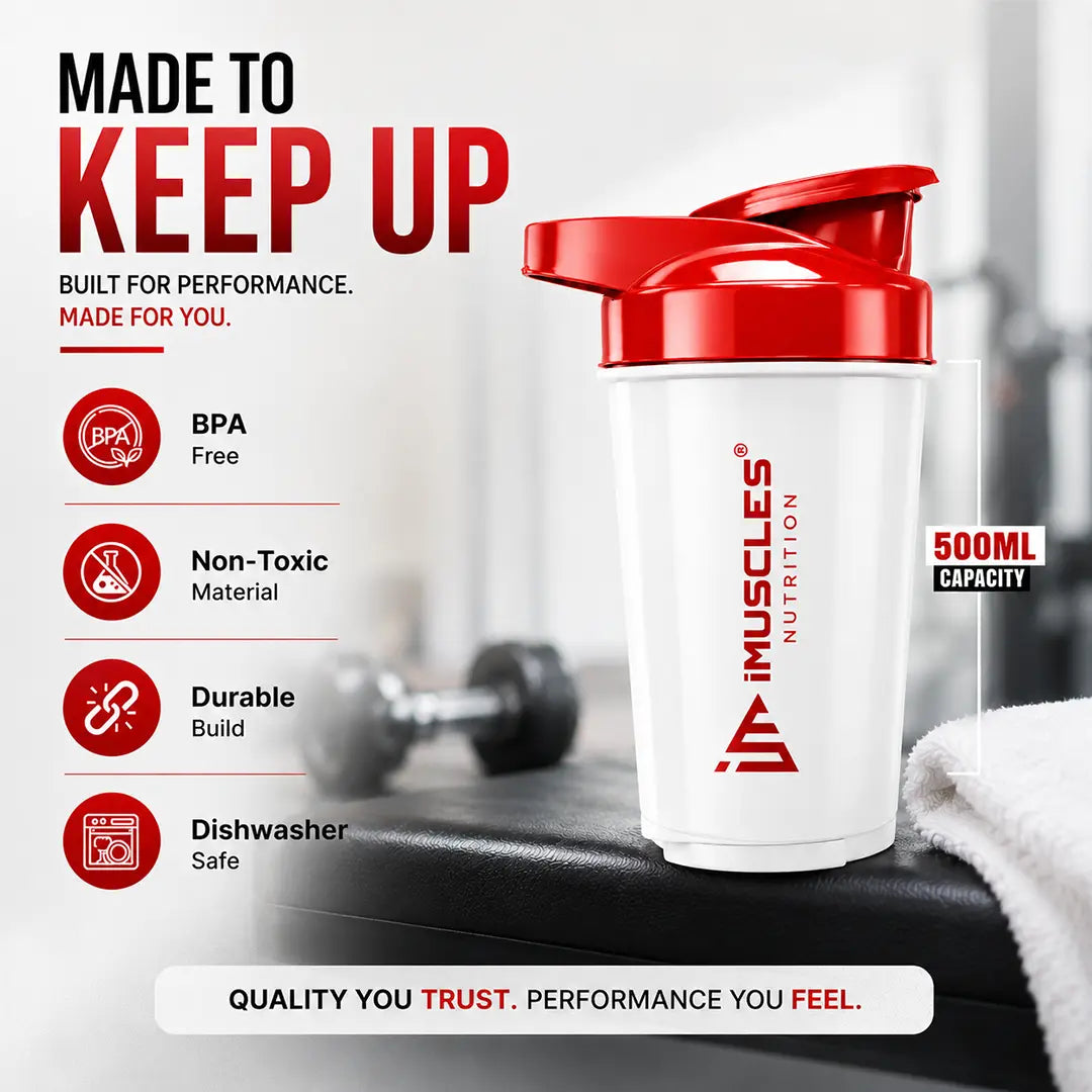 In "black 1.jpg", a 500ml iMuscles Nutrition shaker bottle is presented as a high-performance fitness accessory. The image highlights its durable build, non-toxic and BPA-free material, and dishwasher-safe convenience, emphasizing a reliable, premium product designed to support an active, health-conscious lifestyle during workouts and daily activities.