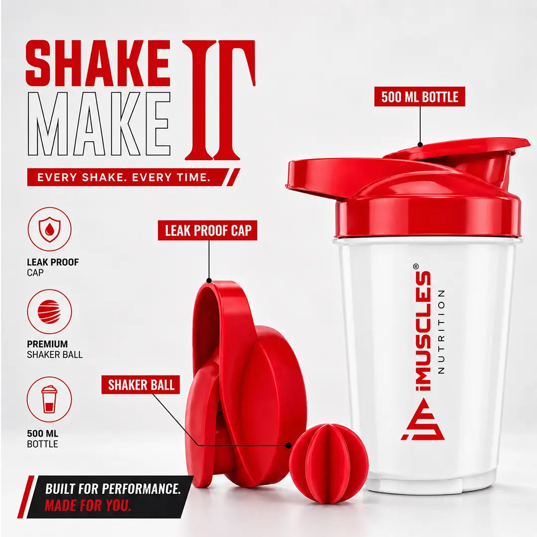 In "black 2.jpg", a black 500ml iMuscles Nutrition shaker bottle is displayed alongside its leak-proof cap and mixing ball. The design emphasizes performance and durability, featuring clean branding and highlighting the key components required for a smooth, lump-free protein shake in an professional, minimalist studio product shot.