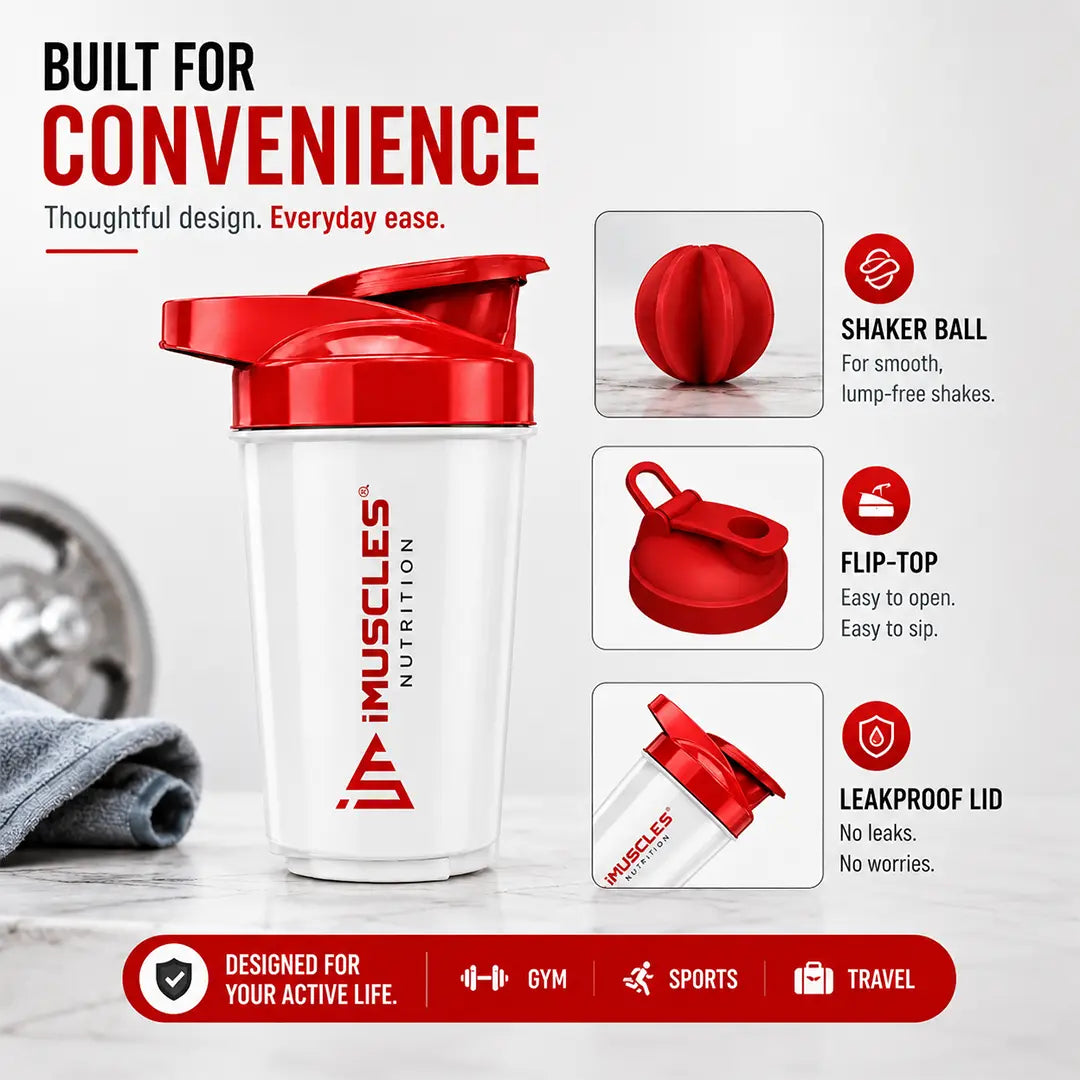In "black 3.jpg", a black iMuscles Nutrition shaker bottle is showcased alongside close-ups of its shaker ball, flip-top lid, and leakproof design. The image highlights its convenience for gym, sports, and travel, emphasizing a durable, functional, and user-friendly design for active lifestyles in a professional, clean product presentation.