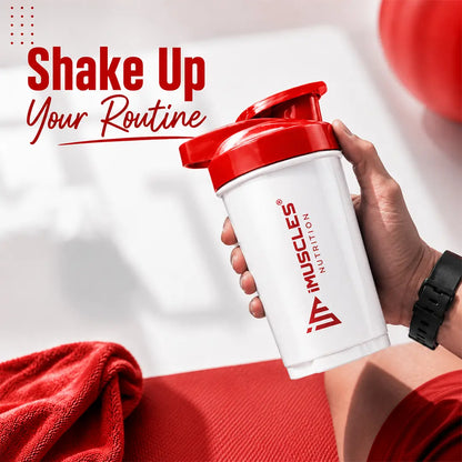 In "black 4.jpg", a hand holds a sleek black iMuscles Nutrition shaker bottle, promoting it as a tool to "Shake Up Your Routine." The image conveys a modern, energetic, and powerful branding theme, emphasizing its role as a premium, high-performance accessory designed for fitness and active lifestyle branding.