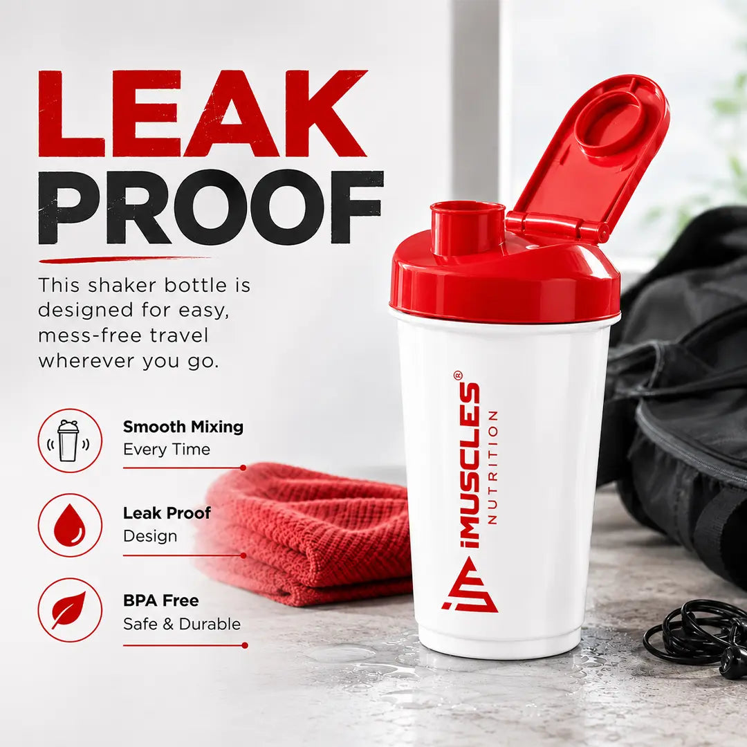 In "black 5.jpg", a black iMuscles Nutrition shaker bottle is featured with its lid open, set against a gym bag and towel. The design highlights its leakproof, BPA-free, and smooth mixing capabilities, positioning it as a durable, mess-free, and essential accessory for travel and active fitness lifestyles.