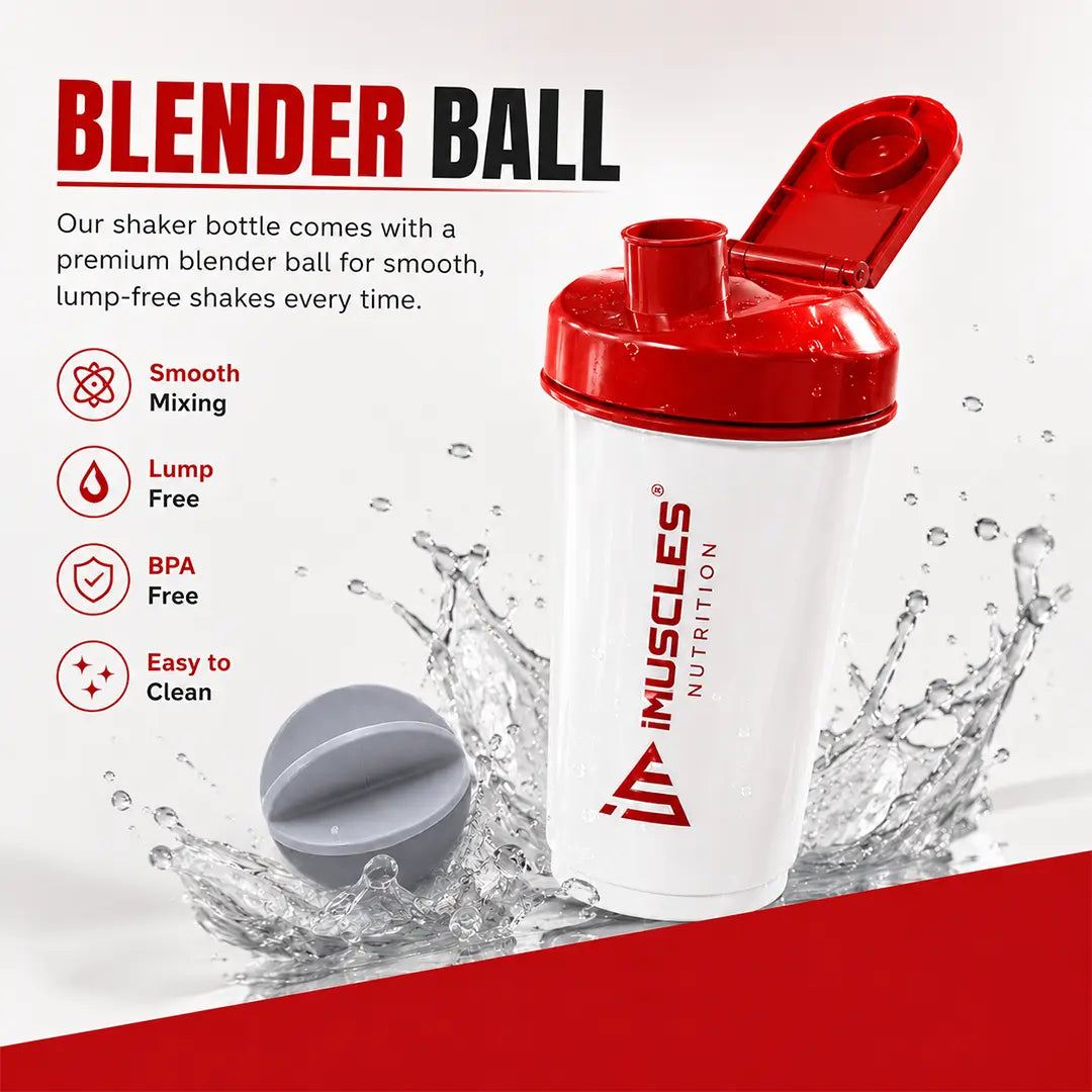 In "black 6.jpg", a black iMuscles Nutrition shaker bottle is displayed alongside a blender ball with a dynamic water splash effect. The image highlights the bottle's premium features, including smooth mixing, lump-free results, BPA-free material, and easy-to-clean design, showcasing a high-performance accessory for fitness enthusiasts.