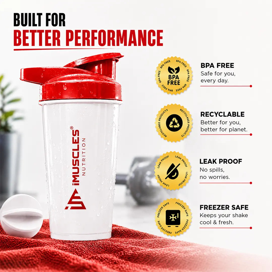 In "black 7.jpg", a black iMuscles Nutrition shaker bottle is displayed on a towel, highlighting its premium performance features. The image emphasizes key benefits, including BPA-free construction, recyclable materials, a leak-proof design, and freezer safety, presenting an essential, high-quality accessory for modern fitness enthusiasts and supplement users.