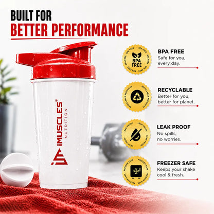 In "black 7.jpg", a black iMuscles Nutrition shaker bottle is displayed on a towel, highlighting its premium performance features. The image emphasizes key benefits, including BPA-free construction, recyclable materials, a leak-proof design, and freezer safety, presenting an essential, high-quality accessory for modern fitness enthusiasts and supplement users.