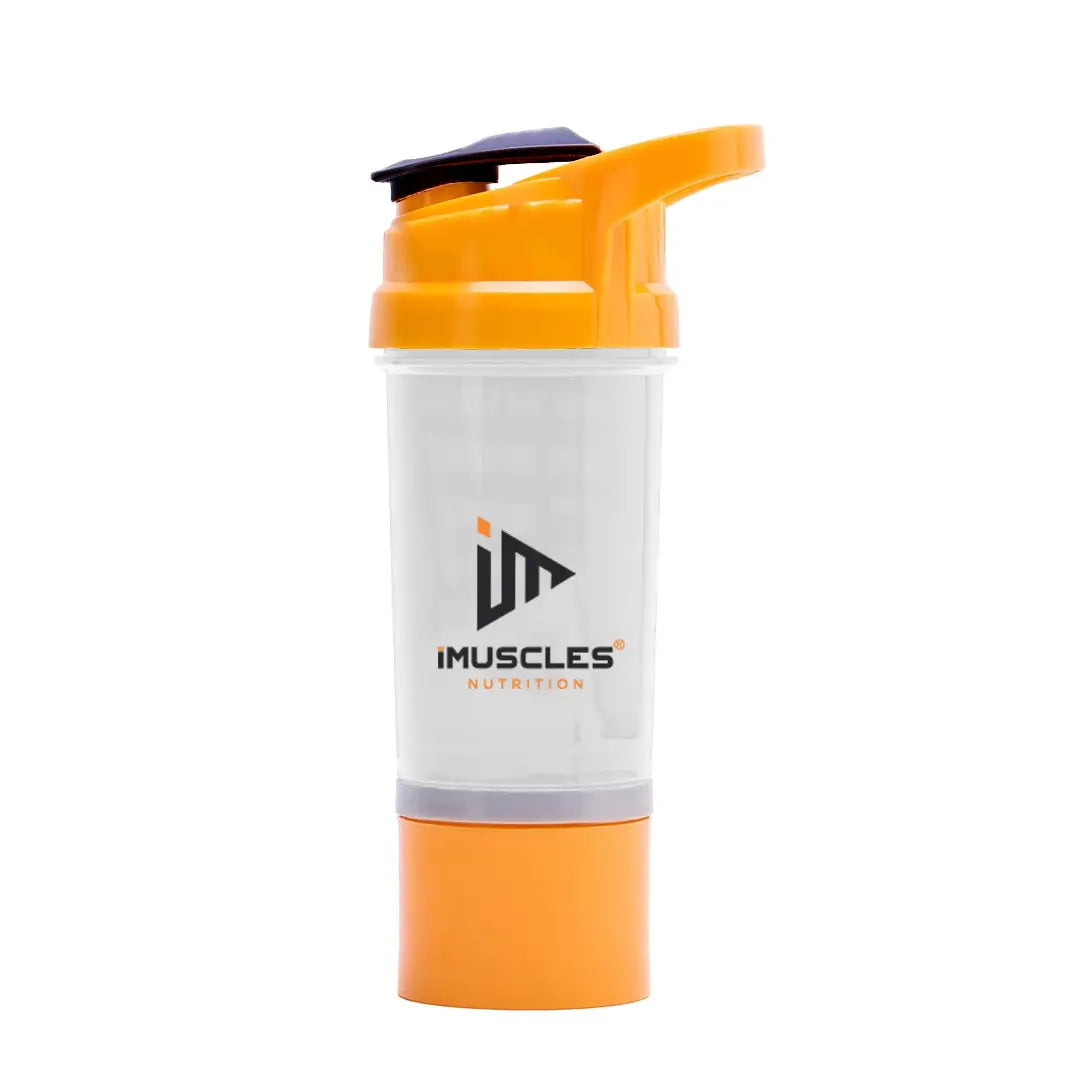 An infographic titled "FEATURES" for the iMuscles Nutrition spider shaker, referenced as yellow 3.png. It shows an exploded view of the product's components: a leak-proof lid and cap, a tornado blender insert, a 600 ml jar, and a compartment for storage. Icons on the right side highlight that the shaker is BPA-free, easy to clean, a recyclable product, leakproof, and freezer safe.