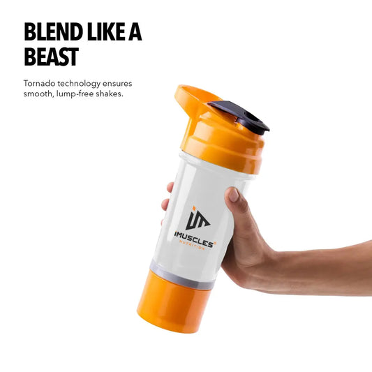 An infographic titled "FEATURES" for the iMuscles Nutrition spider shaker, referenced as yellow 3.png. It shows an exploded view of the product's components: a leak-proof lid and cap, a tornado blender insert, a 600 ml jar, and a compartment for storage. Icons on the right side highlight that the shaker is BPA-free, easy to clean, a recyclable product, leakproof, and freezer safe.