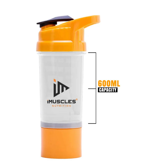 An infographic titled "FEATURES" for the iMuscles Nutrition spider shaker, referenced as yellow 3.png. It shows an exploded view of the product's components: a leak-proof lid and cap, a tornado blender insert, a 600 ml jar, and a compartment for storage. Icons on the right side highlight that the shaker is BPA-free, easy to clean, a recyclable product, leakproof, and freezer safe.