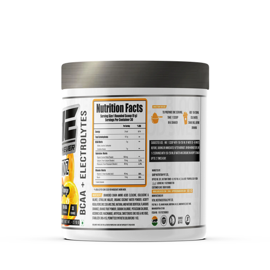 Promotional graphic for GAINZ 4 EVER AMINOZ Zesty Orange flavor. The white 270g supplement jar is centered against a background of dynamic orange liquid splashes and fresh orange slices. The label highlights "BCAA + ELECTROLYTES" and "All Day Hydration & Recovery" with callouts for 5.0g BCAA, 650mg Hydration Matrix, and 50% RDA Vitamin C.